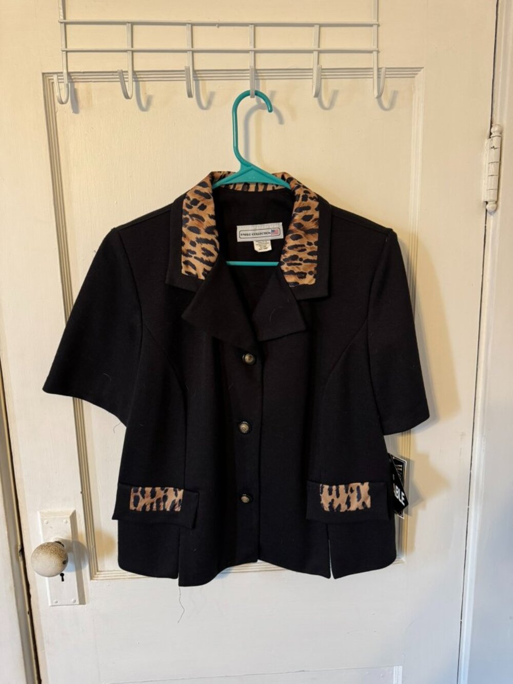 Vintage 1980 Pablo Collection Short Sleeved Black Blazer with Leopard Trim. NWT.
